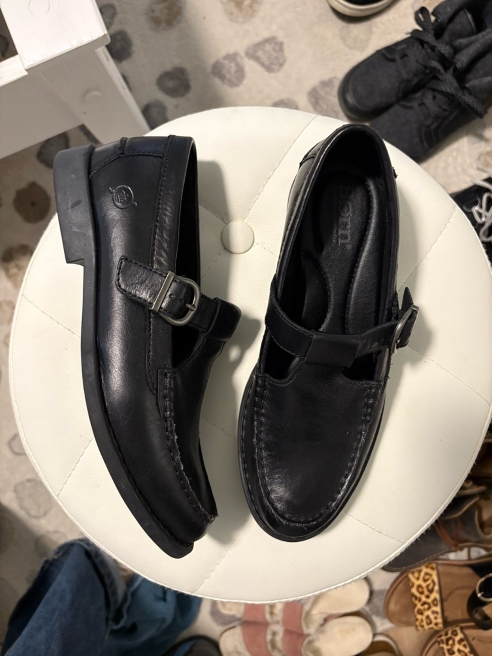 Born Women’s Black Leather T-strap Buckle Loafers